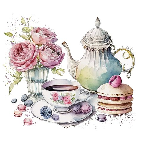 Teapot Clipart, Tea Party Clipart, Breakfast Clipart, Tea Time Illustration, Time Clipart, Watercolor Tea, Vintage Breakfast, Party Clipart, Small Pictures