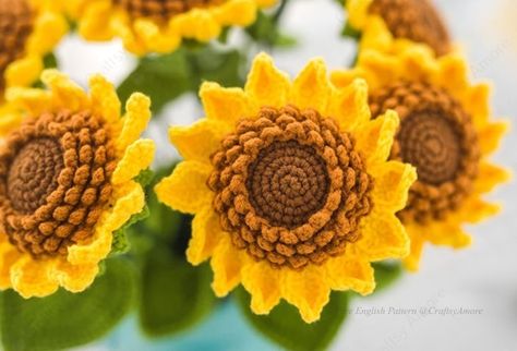 Sunflower Bouquet Free Crochet Pattern Step By Step Tutorial How To Crochet A Sunflower, Free Sunflower Crochet Pattern, Crochet Flowers Sunflower, Crocheted Sun Flower Pattern, Crochet Sunflower Bouquet Pattern Free, Sun Flower Crochet, Crochet Sunflower Pattern Free, Crochet 3d Sunflower Pattern, Sunflower Crochet Bouquet Pattern