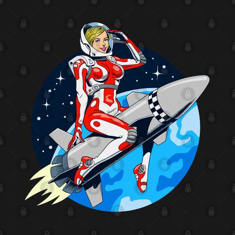 Space Girl Art, Astronaut Cartoon, Rockabilly Art, Sci Fi Comics, Space Illustration, Rocket Girl, Biker Art, Space Girl, Moon Landing