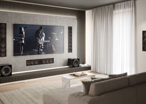 Tv Unit For Home Theatre, Home Cinema Living Room, Tv Unit With Home Theater Design Modern, Home Front Wall Design, Living Room Speakers, Modern House Front Elevation, Wall Arrangements, Living Room Home Theater, House Front Elevation