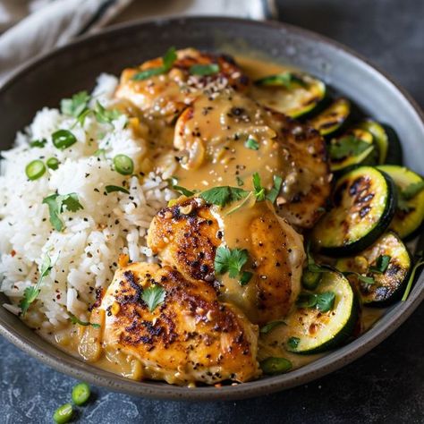 cookefast - Lemongrass Chicken with Rice and Zucchini... Lemon Chicken And Zucchini, Chicken Rice And Zucchini Recipes, Chicken Lemon Grass Recipes, Easy Lemongrass Chicken, Coconut Lemongrass Chicken, Boneless Skinless Chicken Thighs, Boneless Skinless Chicken, Skinless Chicken Thighs, Chicken Rice