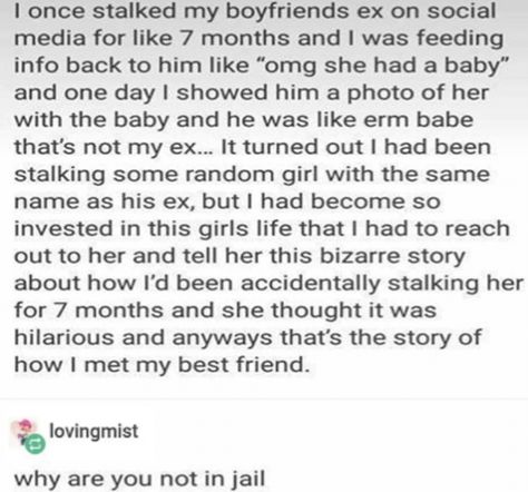 what a way to meet your best friend tho lol : tumblr How To Stalk Someone, Stalking Tips, Stalking Funny, Stop Stalking Me, Dead Roses, Know Who You Are, Girls Life, Tell Her, My Sister