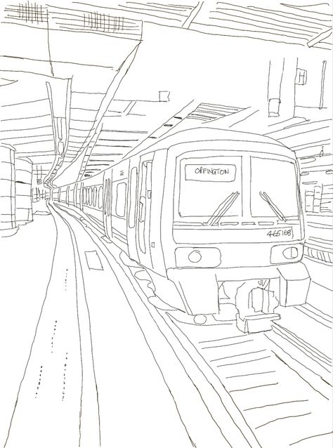 Used Procreate & Technical pencil Train Station Perspective Drawing, Train Station Drawing, Technical Pencil, Train Sketch, Train Drawing, Leather Paint, Art Degree, Perspective Art, Minecraft House Designs