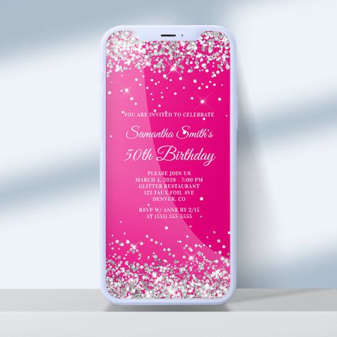 $2.95 | Hot Pink and Silver Glitter 50th Birthday - glitter, glam, luxury, sparkly, glittery, 50th birthday, girly, hot pink, silver, modern Hot Pink Birthday, 95 Birthday, Silver Invitation, It S My Birthday, 50th Birthday Invitations, 50th Party, Pink Birthday, Pink Invitations, Create Your Own Invitations