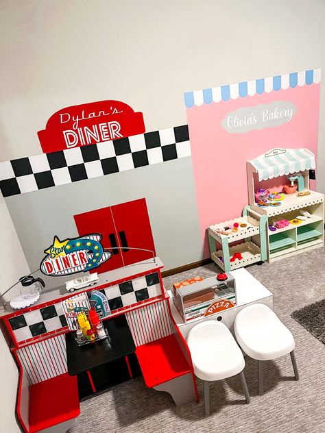 Playroom Restaurant Ideas, Role Play Playroom, Pretend Play Village, Melissa And Doug Diner Makeover, Pretend City Playroom, Playroom Town Ideas, Mini Town Playroom, Playroom Pretend Play Area, Pretend Town Playroom