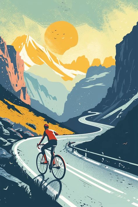 🎁🌟Travel Wall Art with Midjourney Prompts - Follow the Link in my Bio🤩🔗 Cycling Illustration Graphics, Cycling Painting, Cycling Illustration, Cycle Painting, Bike Illustration, Sport Branding, Riding A Bike, Winding Road, Cycling Art