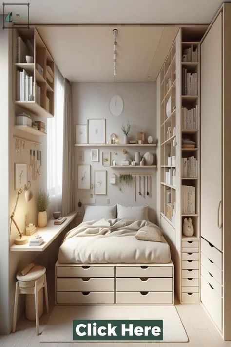 Multi-Functional Furniture for Small Bedroom Spaces Tiny Studio Room Ideas, Storage Ideas Tiny House, Tiny Single Bedroom Ideas, Small Space Storage Ideas Bedroom, Space Maximization Bedroom, Shelves Beside Bed, Tiny Room Storage, Beds Small Bedroom, Small Narrow Bedroom Ideas