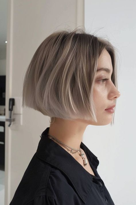 Ash Blonde Hair Short Bob, Jaw Length Haircut, Ash Blonde With Root Smudge, Short Blonde Hair With Dimension, Straight Hair Bob Haircut, Dark Roots Blonde Hair Short, Short Bob Blonde Balayage, Balayage Hair Blonde Bob, Secret Undercut