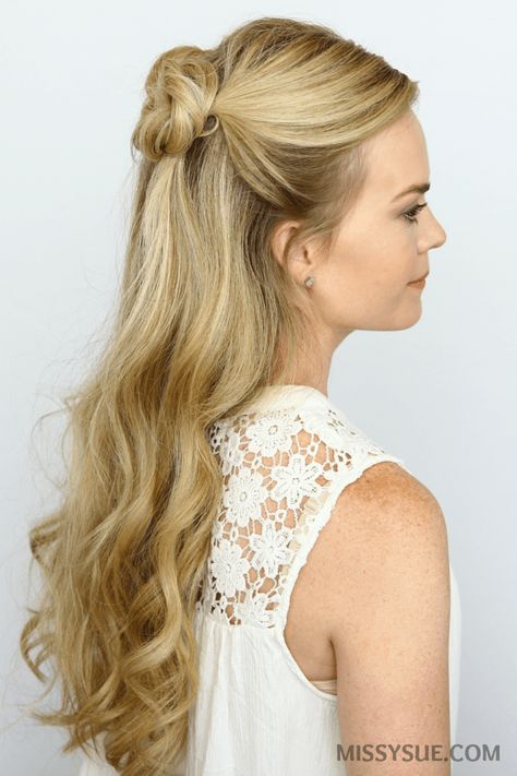 half-up-double-buns Bridesmaid Hair Half Up Long, Double Chin Hairstyles, Half Bun Hairstyles, Mini Bun, Missy Sue, Knot Hair, Short Hair Bun, Hairstyles And Haircuts, Bridesmaid Hair Half Up