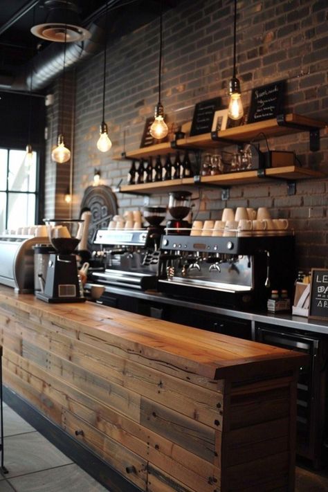 Turn your coffee routine into a daily ritual with these creative coffee bar ideas. #IcedCoffeeInspirations Industrial Coffee Shop, Rustic Coffee Shop, Coffee Shop Counter, Vintage Coffee Shops, Coffee Bar Ideas, Kitchen Lighting Ideas, Bakery Design Interior, Coffee Shop Interior Design, Cozy Restaurant