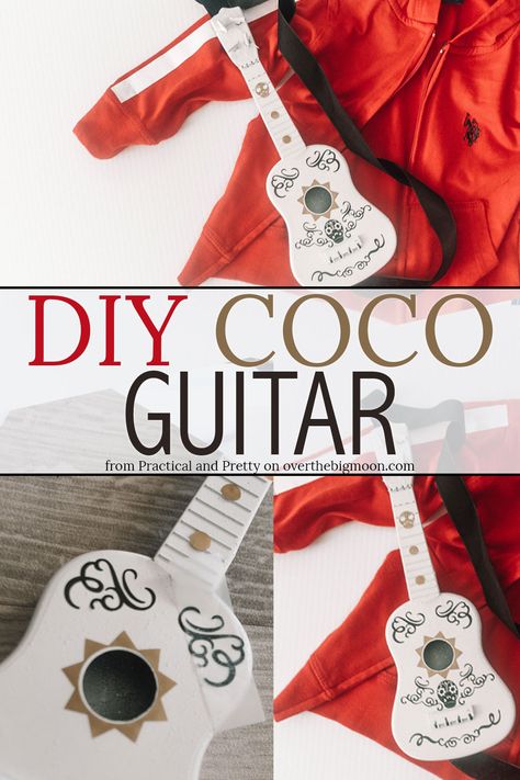 DIY Coco Guitar Tutorial - perfect for a Coco costume or play! Design by Practical and Pretty on overthebigmoon.com! Coco Halloween Costume, Coco Guitar, Coco Costume, Handmade Halloween Costumes, Guitar Diy, Hallowen Ideas, Hallowen Costume, Guitar Tutorial, Design Printable