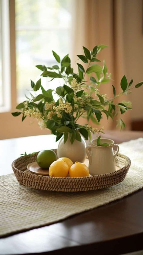 Bring the outdoors in with dining table centerpiece ideas farmhouse, inspired by nature and rustic living. These centerpieces create a homely and inviting atmosphere, perfect for gatherings and everyday meals alike. Country Dining Table Centerpieces, Round Table Centerpieces For Home Farmhouse, Cottage Dining Table Centerpiece, Dining Room Table Tray Decor, Round Dining Table Styling Centerpieces, Dining Table Styling Centerpieces, Table Centerpieces For Home Everyday, Dining Table Centrepiece Ideas, Centerpiece For Round Table