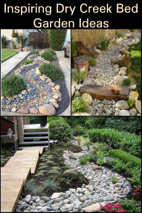 Bed Garden Ideas, Dry Riverbed Landscaping, Dry Stream, Backyard Drainage, Dry Creek Bed, River Rock Landscaping, Rock Garden Design, Creek Bed, Landscaping With Large Rocks