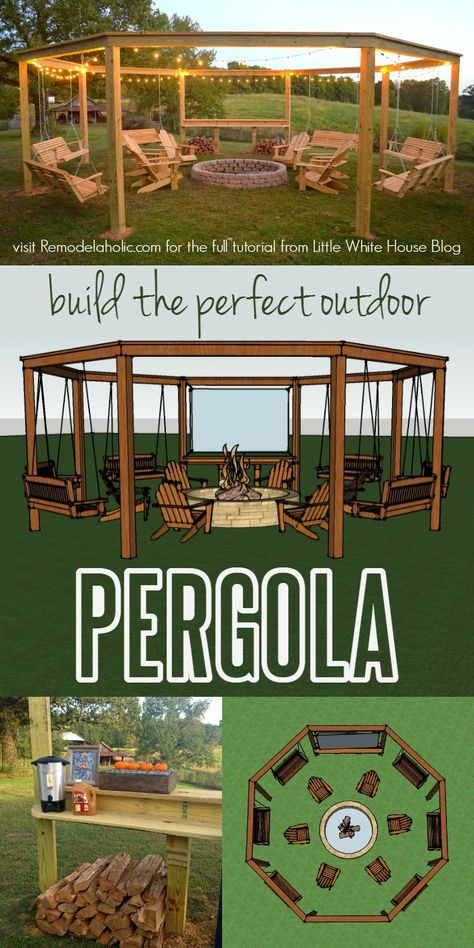 Build the perfect pergola! Learn to DIY this beautiful circular pergola with a central firepit, swings, and Adirondack chairs - Little White House Blog on @Remodelaholic Circular Pergola, Pergola Diy, Yard Project, Backyard Fire, Diy Pergola, Fire Pit Backyard, Outdoor Pergola, Backyard Projects, Cool Ideas