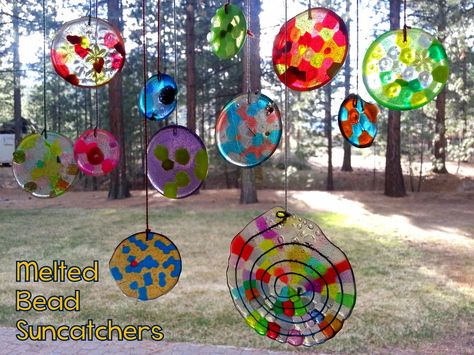 Bead sun catchers melted over your grill Melted Bead Suncatcher, Plastic Beads Melted, Elementary Crafts, Bead Suncatchers, Bead Suncatcher, Nature Camp, Melted Plastic, Camp Life, Melting Beads