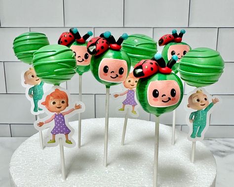 Cocomelon Cake Pops Ideas, Coco Melon Cake Pops, Cocomelon Cakepops, Cocomelon Cake Pops, Cocomelon Theme, Cocomelon Cake, Melon Cake, Second Birthday Cakes, Custom Cake Pops