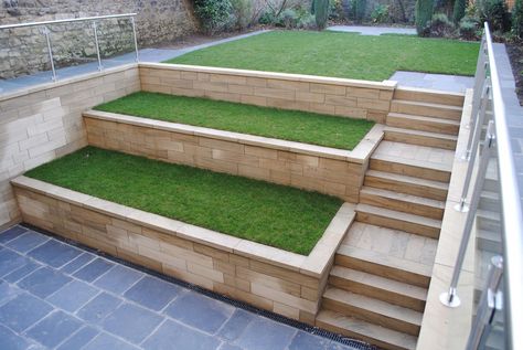 Sloped Backyard Landscaping, Terraced Landscaping, Limestone Paving, Sloped Yard, Sloped Backyard, Stone Steps, Landscaping Retaining Walls, Garden Stairs, Tiered Garden