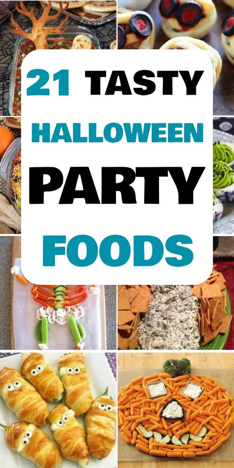 21 tasty Halloween party foods displayed in a fun and creative manner. Easy Party Appetizers Halloween, Halloween Pitch In Food, Meatballs For Halloween Party, Potluck For Halloween, Ghouls Night Party Food, Halloween Gathering Food, Halloween Party Recipes Food, Halloween Cookout Food, Food To Bring To A Halloween Party