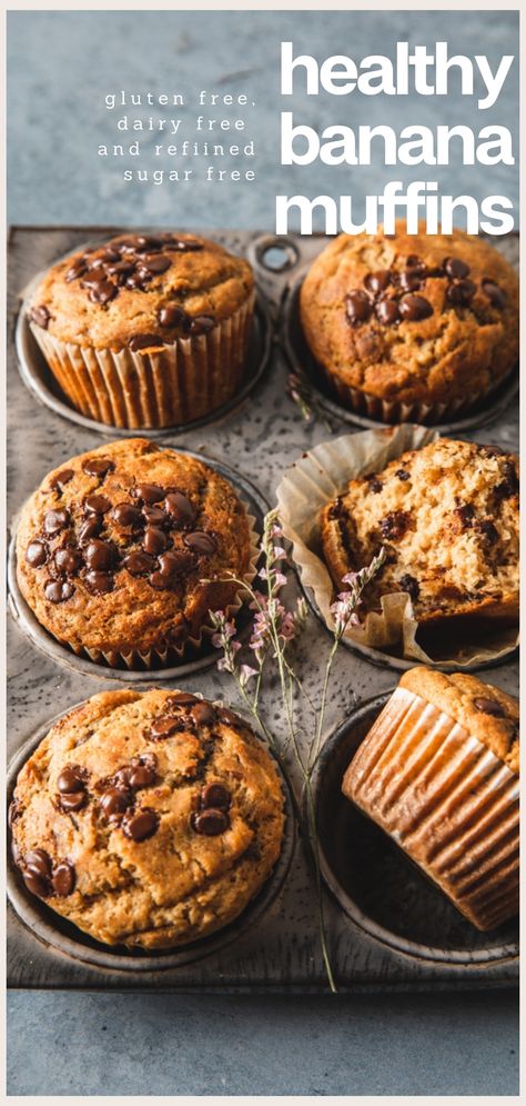 Chocolate Chip Muffins Gluten Free, Healthy Banana Chocolate Chip Muffins, Dairy Free Banana Muffins, Banana Chocolate Chip Muffins Healthy, Sugar Free Banana Muffins, Gluten Free Dairy Free Muffins, Healthy Chocolate Chip Muffins, Sugar Free Muffins, Dairy Free Muffins