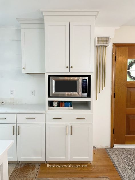 Microwave cabinet finished for now Microwave Mixer Cabinet, Kitchen Cabinet Microwave Ideas, Stand Alone Pantry Cabinet With Microwave, Microwave Cabinets Ideas, Microwave Cubby Ideas, No Space For Microwave, Microwave Upper Cabinet, Microwave Not Above Stove, Cabinet Microwave Ideas