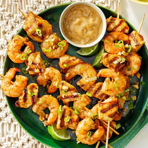 Chicken and Shrimp Satay Shrimp Satay, Shrimp Paella Recipe, Chimichurri Shrimp, Shrimp Paella, Cilantro Lime Shrimp, Grilling Kabobs, Paella Recipe, Lime Shrimp, Chicken And Shrimp