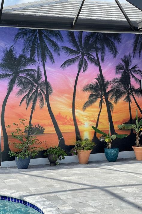 Beach Wallpaper Murals: Transport Yourself To Paradise With Stunning Coastal Backdrops Outdoor Wall Mural, Tropical Wall Murals, Backyard Dyi, Tropical Mural, Ocean Sunsets, Mural Tropical, Beach Wall Murals, Beach Mural, Garden Fence Art