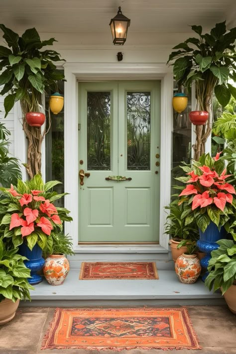 How to Make Your Front Porch Pop with These 20 Flower Pot Ideas – The Crafty Hacks Potted Front Yard Landscaping, Porch Flower Arrangements, Front Porch Potted Plant Ideas, Florida Front Porch, Small Front Porch Ideas Entrance, Rustic Porches, Flower Pot Arrangements, Pot Arrangements, Hanging Flower Arrangements