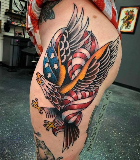 American Traditional Patriotic Tattoo, Patriotic Traditional Tattoo, 1776 Tattoos For Men, Eagle Flag Tattoo, Flag Tattoo Design, Austin Tattoo, Saint Tattoo, Traditional Eagle, Traditional Eagle Tattoo