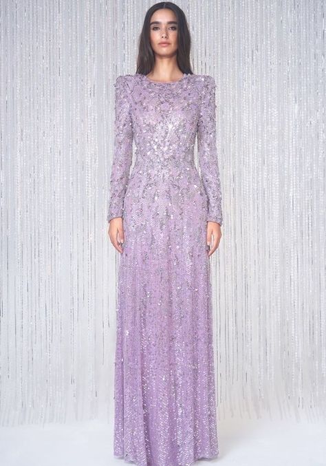 Jenny Packham Aurora Embellished Long Sleeve Gown HK | Designer Bridal Room Prom Dresses Modest Elegant, Dresses Modest Elegant, Modest Engagement Dress, Gown With Long Sleeves, Purple Clothing, Jenny Packham Dresses, Bridal Room, Purple Evening Dress, Ellie Saab