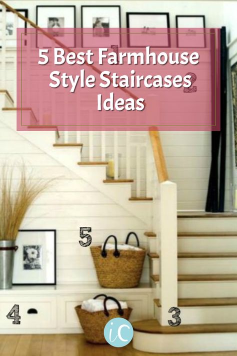 Small Farmhouse Staircase, Open Stairway Ideas, Traditional Banister Ideas, Staircase Railing Design Farmhouse, Stairway Decorating Farmhouse, Modern Rustic Staircase, Farmhouse Staircase Ideas, Country Staircase Ideas, Farmhouse Staircase Makeover