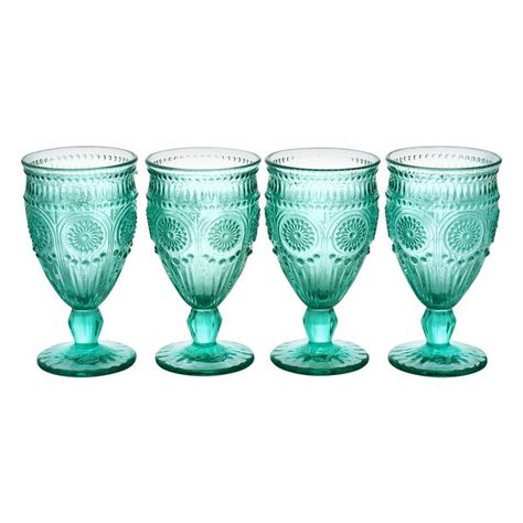 The Pioneer Woman Adeline 12-Ounce Footed Glass Goblets, Set of 4, Tuquoise Pioneer Woman Kitchen, Glass Goblets, Kid Drinks, The Pioneer Woman, Bar Glassware, Mason Jar Wine Glass, Turquoise Glass, Family Entertainment, Pioneer Woman