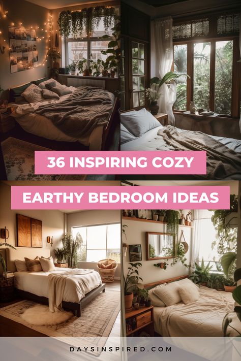 Cute Earthy Bedrooms, Small Home Bedroom Ideas, Tranquil Bedroom Ideas Relaxing, Bedroom Inspirations Earthy, Cozy Earthy Bedroom Ideas, Earth Tone Bedroom Boho, Bedroom Ideas Natural Colors, Master Bedrooms Decor Cozy Romantic Modern, Large Master Bedrooms Decor Cozy Relaxing