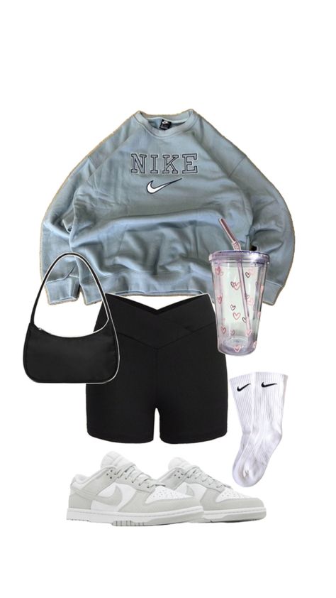 Fall | Nike | Outfit | Inspo | Crewneck | Biker Shorts | Fun Cup | Nike Shoes | Nike Socks | Fall Outfit | Aesthetic Fall Outfit Aesthetic, Crewneck Outfit, Outfit Shorts, Nike Outfit, Biker Shorts Outfit, Nike Socks, Fun Cup, Outfit Aesthetic, Shoes Nike