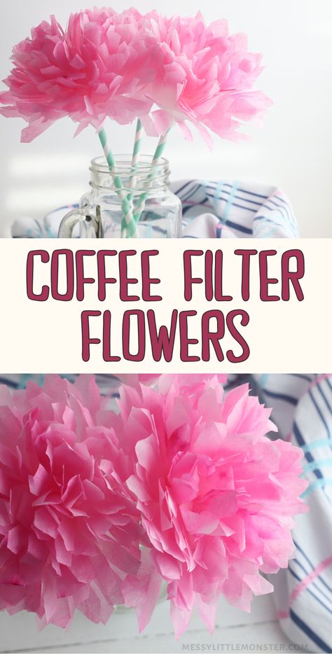 Coffee filter flowers craft for kids. Easy paper flowers craft idea for Spring. Coffee Filter Flowers Diy, Spring Flower Crafts, Flower Projects, Coffee Filter Crafts, Coffee Filter Flowers, Folding Origami, Flowers Craft, Easy Paper Flowers, Paper Flowers Craft