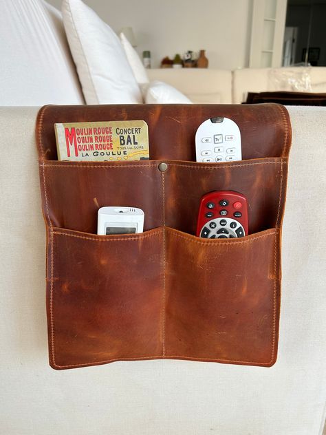 Leather Sofa Armrest Organizer, Handmade Couch & Sofa Caddy with 4 Pockets for Phone, Book, Mini Magazines, Mini Tablets, Remote Controls Mini Magazine, Cafe Seating, Mini Tablet, Office Lounge, Chic Spaces, Handcrafted Accessories, Organization Boxes, Couch Sofa, Remote Controls