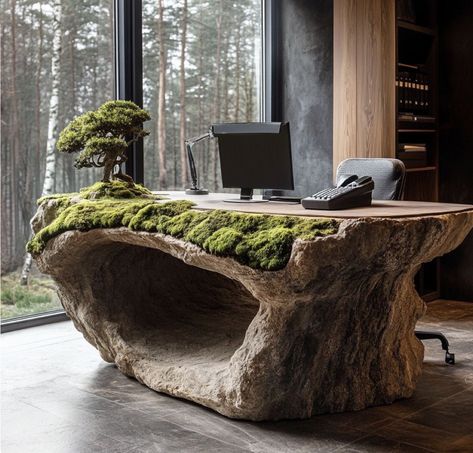 Stone Office Desk, Forest Office Design, Designer Desk Workspaces, Stone Furniture Design, Moss Furniture, Nature Inspired Furniture, Organic Furniture Design, Furniture Inspired By Nature, Nature Interior Design