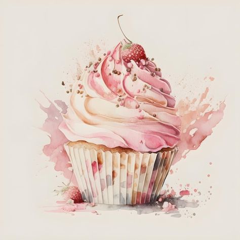 Photo a watercolor painting of a cupcake... | Premium Photo #Freepik #photo #icing #cup-cake #dessert-background #confectionery Watercolour Cake Painting, Watercolour Dessert, Cupcakes Painting, Cake Watercolor Painting, Dessert Background, Dessert Watercolor, Cupcake Watercolor, Watercolor Cupcake, Watercolor Cakes