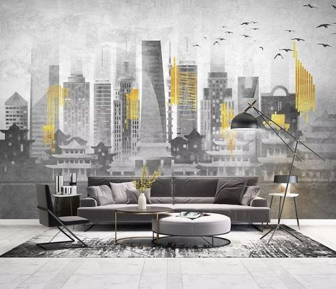 Skyscrapers Birds Black White Yellow Gray Lines Wallpaper Self | Etsy India City Lights Wallpaper, Buildings Skyscrapers, Garden Wall Designs, Cafe Bedroom, Landscape Lighting Design, Light Wallpaper, City Light, Building A Pergola, Room Theme