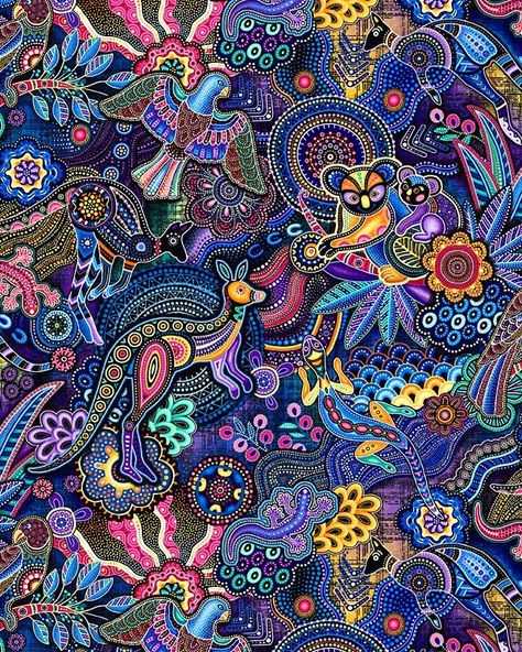 Gondwana - Animals of Australia - Navy Blue Animals Of Australia, Aboriginal Art Dot Painting, Aboriginal Patterns, Aboriginal Dot Painting, Indigenous Australian Art, Aboriginal Dot Art, Aboriginal Artwork, Free Quilt Patterns, Pop Art Wallpaper