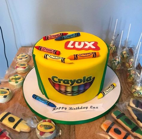 Crayola box theme cake with colorful edible crayons Crayola Cake, Crayon Cake, Crayola Birthday Party, Crayon Birthday Parties, Art Birthday Cake, Second Birthday Ideas, Themed Birthday Cakes, 12th Birthday, Art Birthday