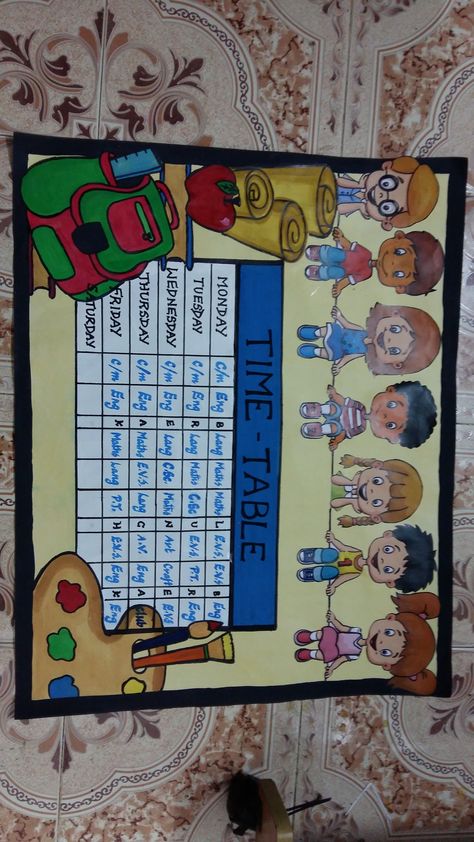 Time - Table Class Time Table Chart Ideas, Teachers Attendance Register Decoration Ideas, Time Table Chart, Idea For School, Teaching Graphic Design, Table Chart, File Decoration Ideas, School Board Decoration, Preschool Classroom Decor