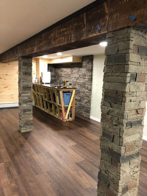 Basement Pillar Covering Ideas, Drywall Columns, Basement Stone Wall Ideas, Basement Stone Wall, Stone Columns Interior, Basement Pillar Ideas, Diy Stone Pillars Columns, Faux Stone Pillar Wraps, Faux Stone Column Wrap