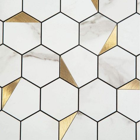 White Backsplash With Gold Grout, Geometric Peel And Stick Tile, White Subway Tile Kitchen Backsplash Gold Grout, White And Gold Hexagon Backsplash, Gold And White Kitchen Backsplash, White And Gold Kitchen Tiles, Gold Backsplash Bathroom, Black White And Gold Backsplash, White And Gold Tile Backsplash Kitchen