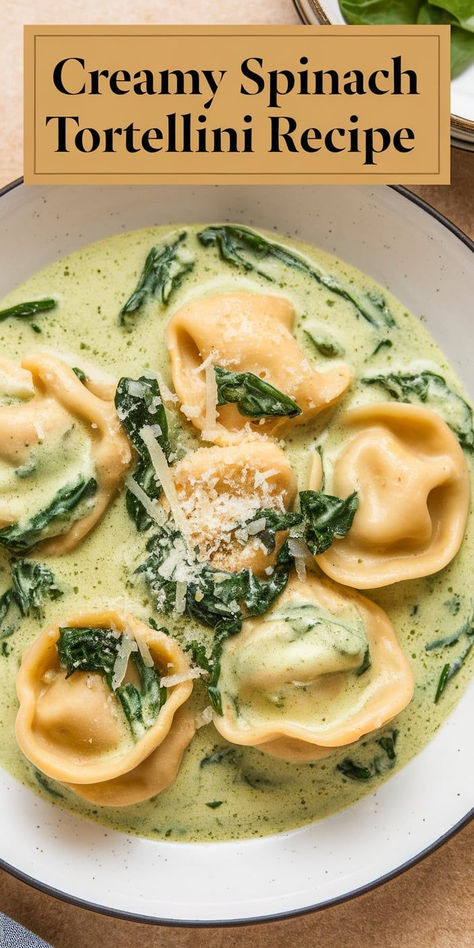 This Creamy Spinach Tortellini is a simple yet delicious meal. Spinach-filled tortellini in a creamy, savory sauce makes it the perfect weeknight dinner or a special treat. Boursin Tortellini Spinach, Creamy Parmesan Mushroom And Spinach Tortellini Soup, Tortellini And Spinach Recipes, Tortellini Spinach Recipes, Spinach Tortellini Recipes, Tortolini Recipes, Spinach Mushroom Tortellini, Healthy Tortellini Recipes, Tortolini Recipe