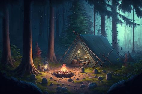 Camping In Forest, Camping Background, Camping At Night, Fantasy Camp, Night In The Forest, Adventure Forest, Magical Cottage, Forest Cartoon, Night Camping