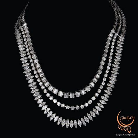 The three lined necklace designed using round, pear, marquise and buggets is apt for any occassion. Neck Pieces Jewelry, Marquise Shape Diamond, Diamond Necklace Designs, Solitaire Necklace, Diamond Jewelry Necklace, Diamond Solitaire Necklace, Diamond Jewelry Designs, Womens Jewelry, Solitaire Necklaces