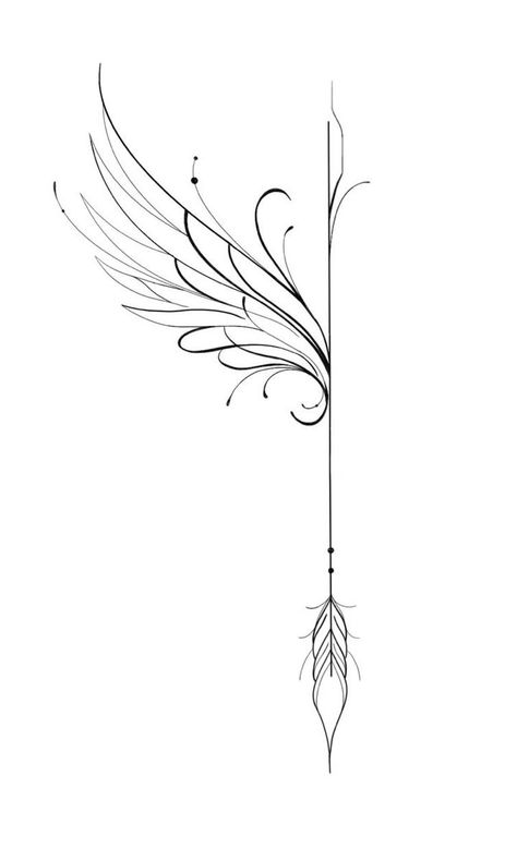 Arrow With Angel Wings Tattoo, Wing And Flower Tattoo Designs, Arrow Wings Tattoo, Arrow With Wings Tattoo, Delicate Wings Tattoo, Phoenix Arrow Tattoo, Angel Wing Fine Line Tattoo, Fine Line Wings Tattoo, Fine Line Wing Tattoo