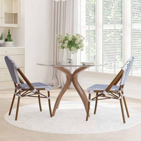 Amazon.com: EMMA + OLIVER Colmar French Bistro Chair - White & Navy Woven PE Seat and Back - Bamboo Finish Aluminum Frame - Set of Two : Patio, Lawn & Garden French Bistro Chairs, Crossback Chairs, Bistro Style, Dining Chair Design, Folding Furniture, Bent Wood, French Bistro, Bistro Chairs, Patio Dining Chairs