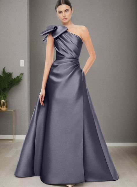 A-Line One-Shoulder Satin Mother Of The Bride Dresses With Bow(s)/Pockets Gowns With Bow, Simple Wedding Dress Boho, Dresses With Bow, Bow Wedding Dress, Long Cocktail Dress, Satin Evening Dresses, Wedding Dresses Satin, Lace Homecoming Dresses, A Line Prom Dresses