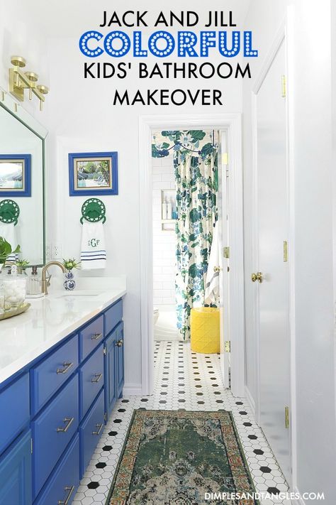 Jack and Jill Colorful Kids' Bathroom Makeover  ||  Dimples and Tangles Makeover Kamar Mandi, Bohemian Bathroom, Sala Grande, Jack And Jill Bathroom, Green Cabinets, Boho Bathroom, Small Bathroom Design, Blue Bathroom, Stylish Bathroom